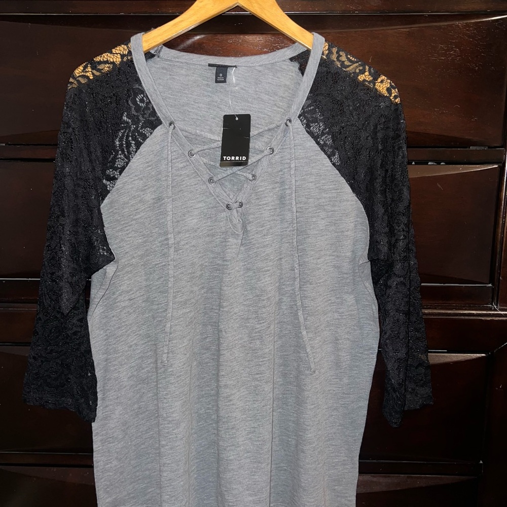 torrid Gray Knit Tunic with Black Lace Raglan Sleeves